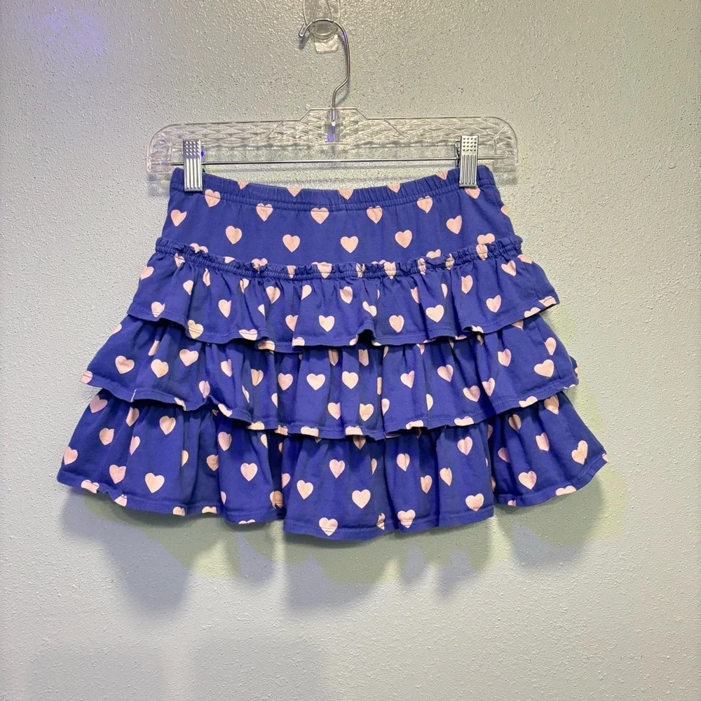 Mini Boden Girls’ Blue and Pink Heart Polka Dot Ruffle Mini Skirt with Shorts​